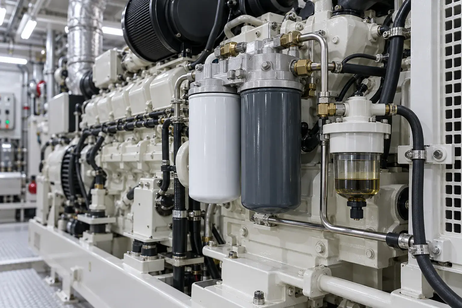 Gemi dizel motoruna monte edilmiş kartuş filtreler ve yakıt su ayırıcısı