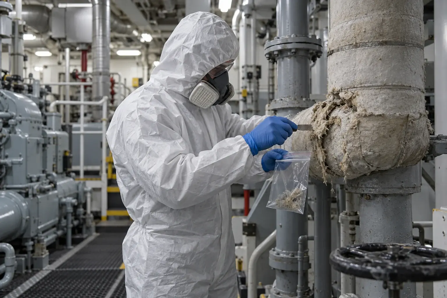 Koruyucu tulum ve maskeli HazMat uzmanı, makine dairesinde boru izolasyonundan asbest numunesi alıyor