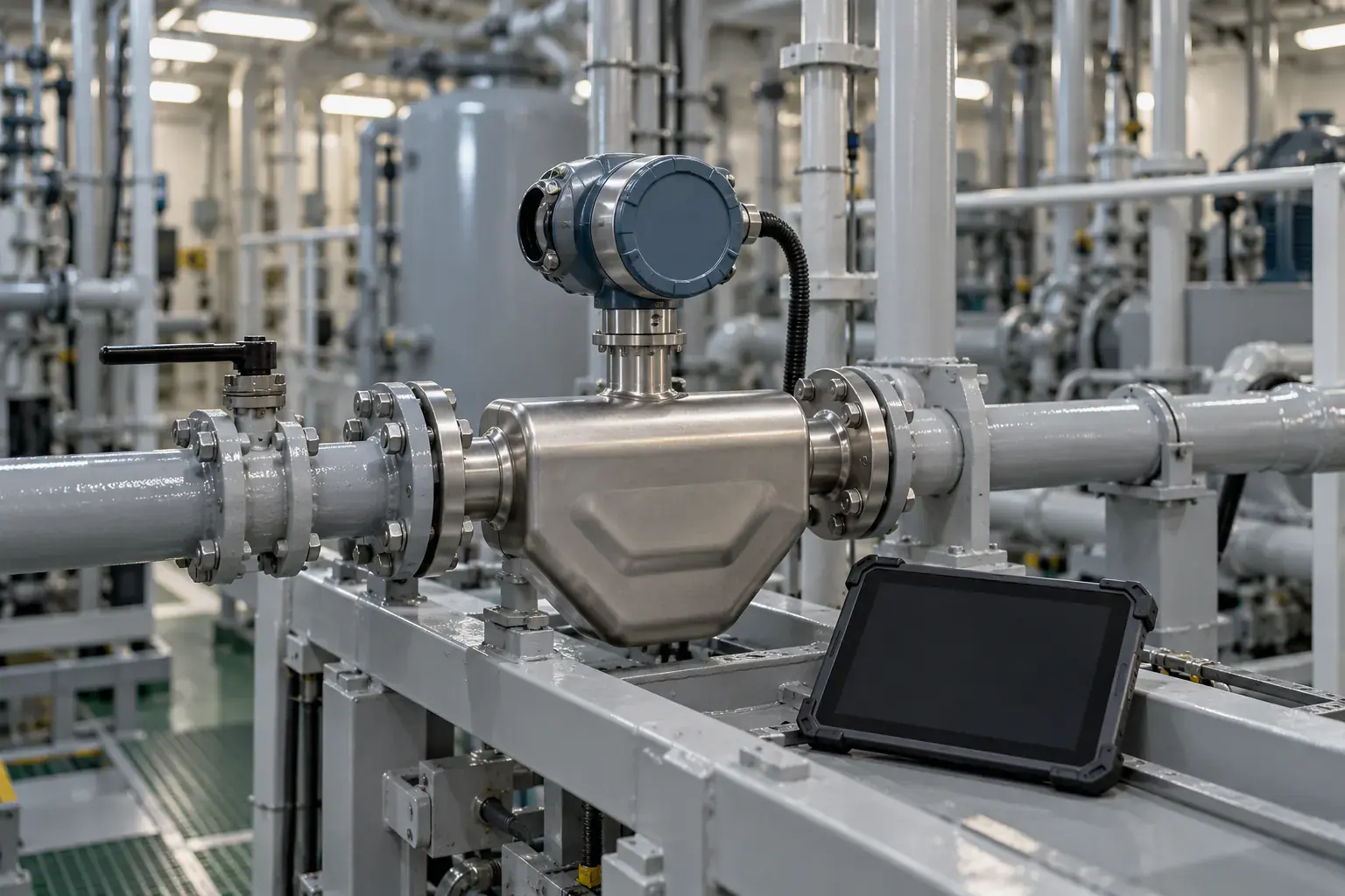 Makine dairesinde yakıt tüketimini izlemek için yakıt hattına takılı Coriolis debimetre ve saha tableti