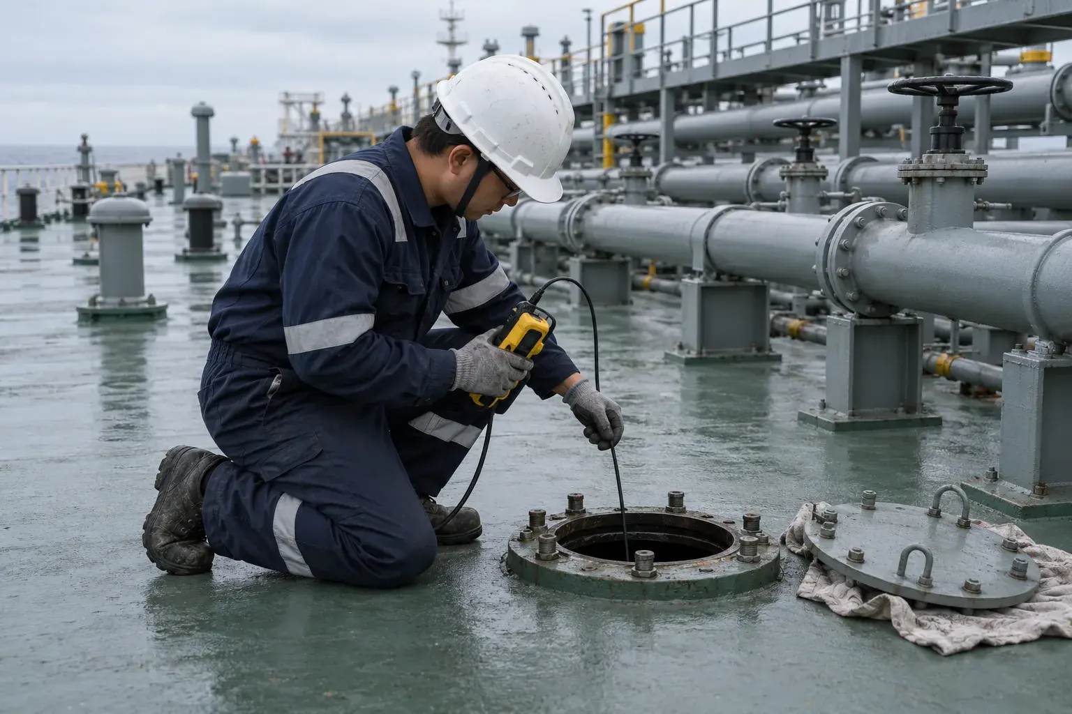 Gas free uzmanı tanker güvertesinde açık tank kapağından numune hortumuyla tank atmosferini ölçüyor