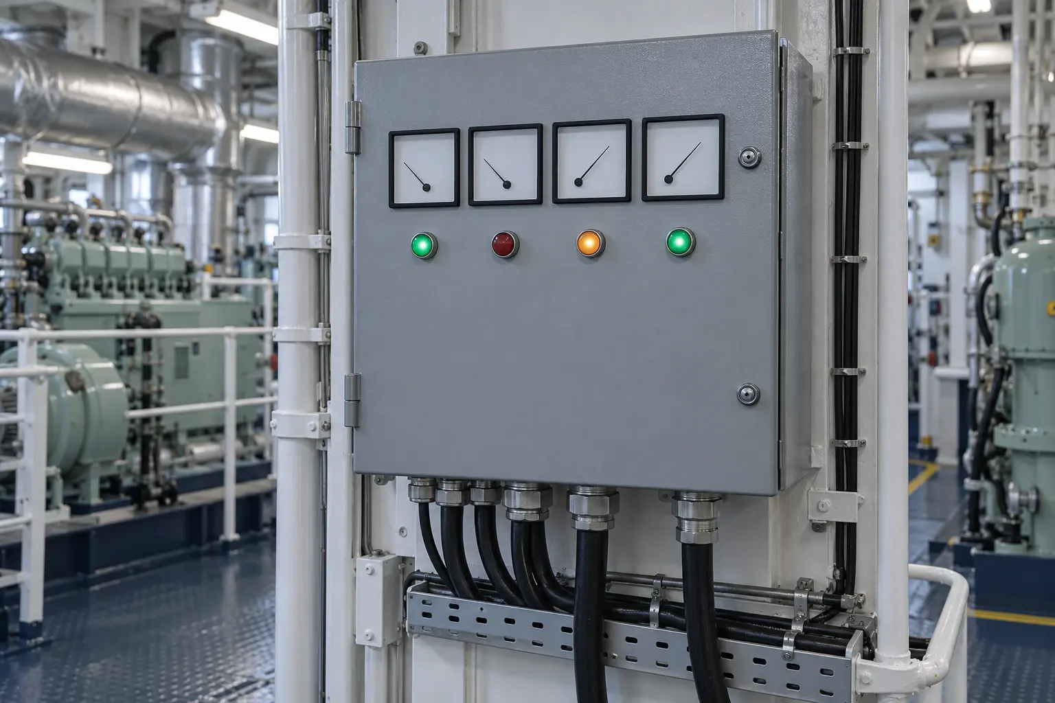 Gemi makine dairesinde göstergeli ve ikaz lambalı ICCP kontrol panosu